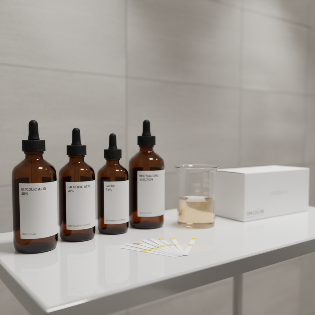 An elegant display dedicated to medical-grade chemical peels: amber and frosted glass bottles of varying heights with precise, clinical labels, a pristine glass beaker, and pH test strips arranged on a reflective white glass shelf. A subtle GM Collin logo appears on a product box at the side. Behind, a soft-focus backdrop of pale grey tiles suggests a modern treatment space. Neutral, diffused lighting from above and slightly to the left creates delicate highlights on the glass and gentle shadows underneath. Photographic realism with a rule-of-thirds composition and moderate depth of field, exuding sophistication, expertise, and the controlled potency of professional peel treatments for anti-aging, acne, and pigmentation concerns.