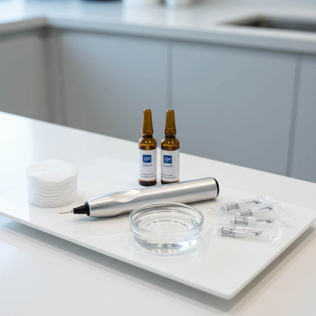 A close-up of a carefully prepared microneedling setup on a spotless white tray: a sleek, medical-grade microneedling device in brushed metal, individually sealed sterile needle cartridges, cotton pads, and a clear glass dish with a translucent hyaluronic serum. GM Collin-branded ampoules stand nearby, their labels subtly visible. The tray rests on a matte white counter with blurred cabinets in the background. Cool, bright overhead lighting with a slight side direction creates crisp reflections on metal surfaces and highlights the clinical precision. Photographic realism with a shallow depth of field keeps the device and serum sharply in focus while the background softly blurs, conveying advanced technology, safety, and professionalism.
