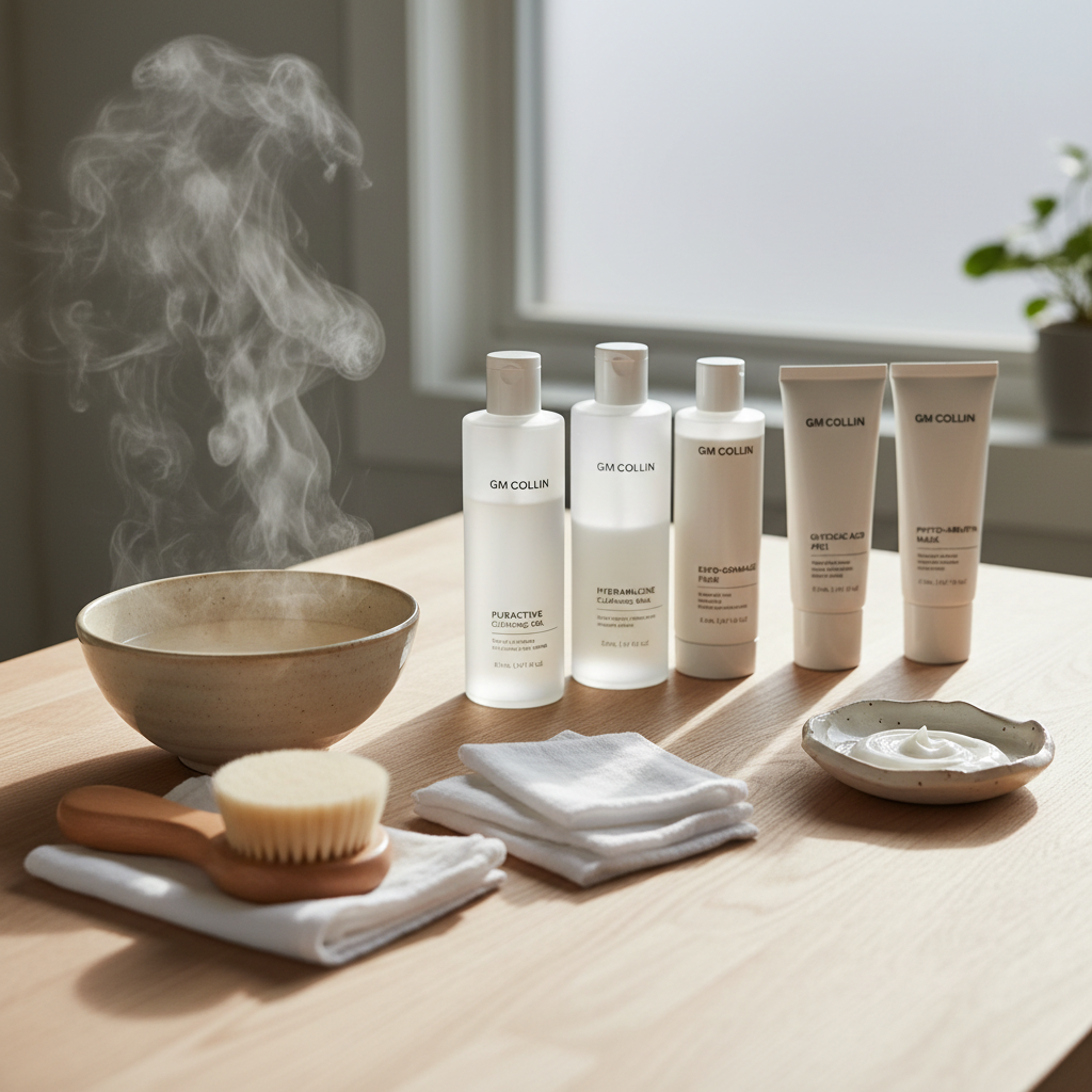 A soothing deep cleansing and skin renewal setup arranged on a light beechwood counter: a warm bowl of steam rising from clear water, a soft natural-bristle facial brush, neatly folded white muslin cloths, and a line of GM Collin cleansers and exfoliating products in understated packaging. A small, minimalist ceramic dish holds a smooth white mask. Soft, overcast natural light filters in from the right, creating a calm glow and gentle shadows that highlight textures of cloth, wood, and glass. Photographic realism, captured from a slightly elevated angle, with a balanced, minimalist composition and subtle background blur, evoking a serene, restorative facial experience.