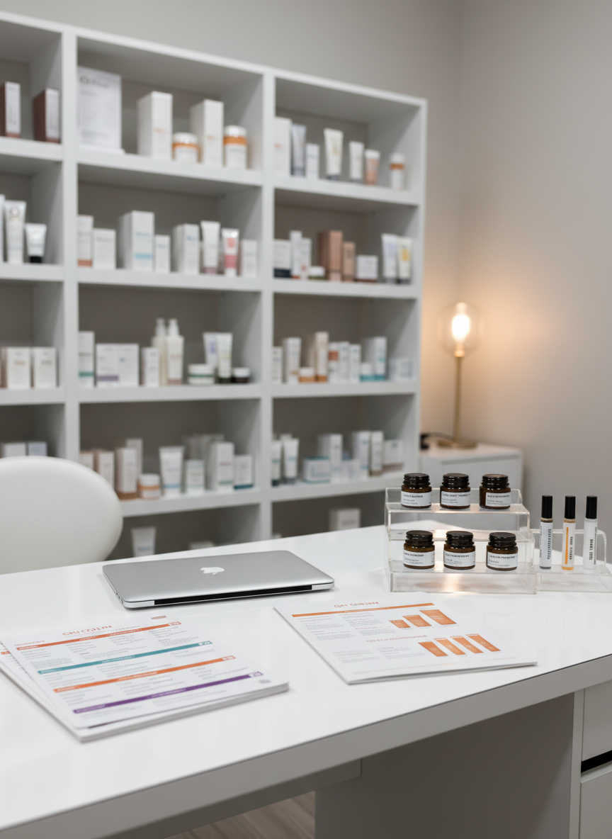 A bespoke facial consultation setup without any people, focusing on a sleek white desk holding a neatly stacked set of skin analysis charts, a closed silver laptop, and an open GM Collin brochure displaying product ranges. Beside it, sample jars and small labeled vials are arranged on a clear acrylic stand. Behind, a blurred view of shelves with uniformly arranged skincare products in a softly lit treatment space. Neutral, balanced artificial lighting from overhead and a side lamp creates a warm yet clinical feel. Photographic realism at eye level with a slight depth of field, emphasizing personalized, expert-driven skincare planning in a professional Winnipeg aesthetic practice.