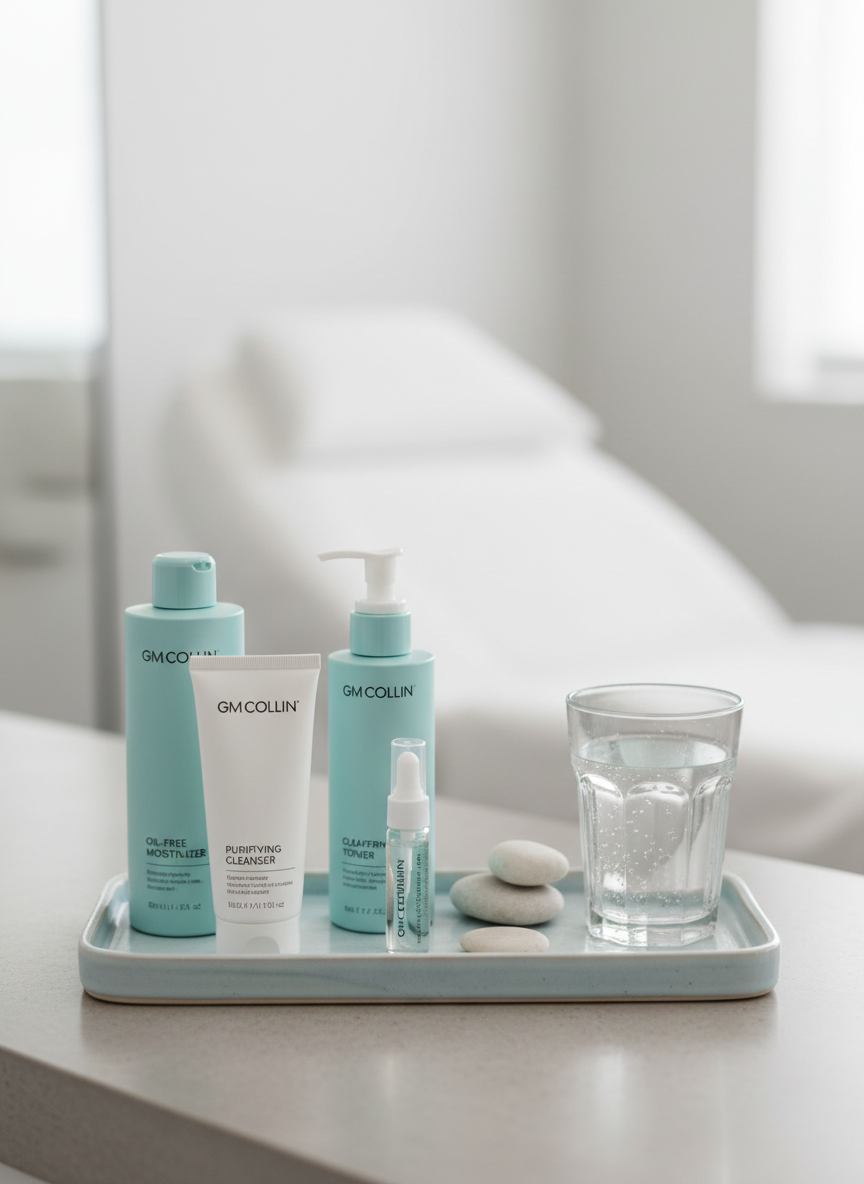 A targeted acne care layout showing a clinical yet comforting arrangement of GM Collin clarifying products: matte white and soft teal tubes and bottles, oil-free moisturizer, and a small spot-treatment vial. They are grouped on a cool-toned ceramic tray with a few smooth, pale stones and a simple clear glass of water nearby. The surface is a light concrete texture, with a blurred backdrop suggesting a modern treatment room. Bright, clean, diffused lighting from above and front eliminates harsh shadows, giving a fresh, hygienic look. Photographic realism with an eye-level, slightly close composition and moderate depth of field, portraying effective, professional care for acne-prone skin without harshness.