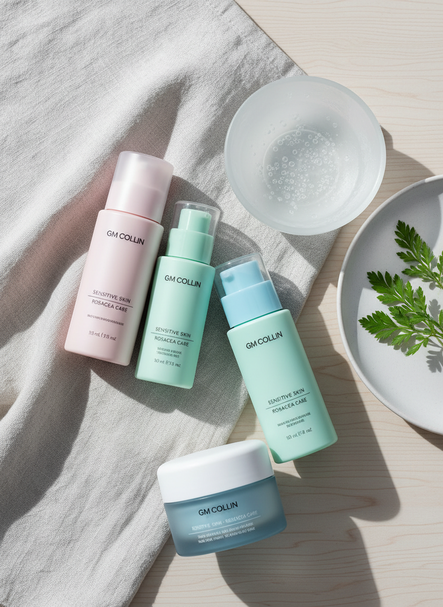 A gentle rosacea-focused skincare scene featuring GM Collin products in soft pastel-toned, minimal packaging labeled for sensitive skin, arranged beside a small bowl of cool thermal water and a white ceramic plate with calming green botanical leaves. Everything rests on a pale linen cloth atop a light wooden surface. Soft, cool daylight streams in from the left, creating a delicate, even illumination with almost no harsh shadows, emphasizing comfort and gentleness. Photographic realism with a top-down, slightly angled perspective and a clean, airy composition, conveying soothing care, reduced redness, and a safe, professional approach for reactive skin conditions.