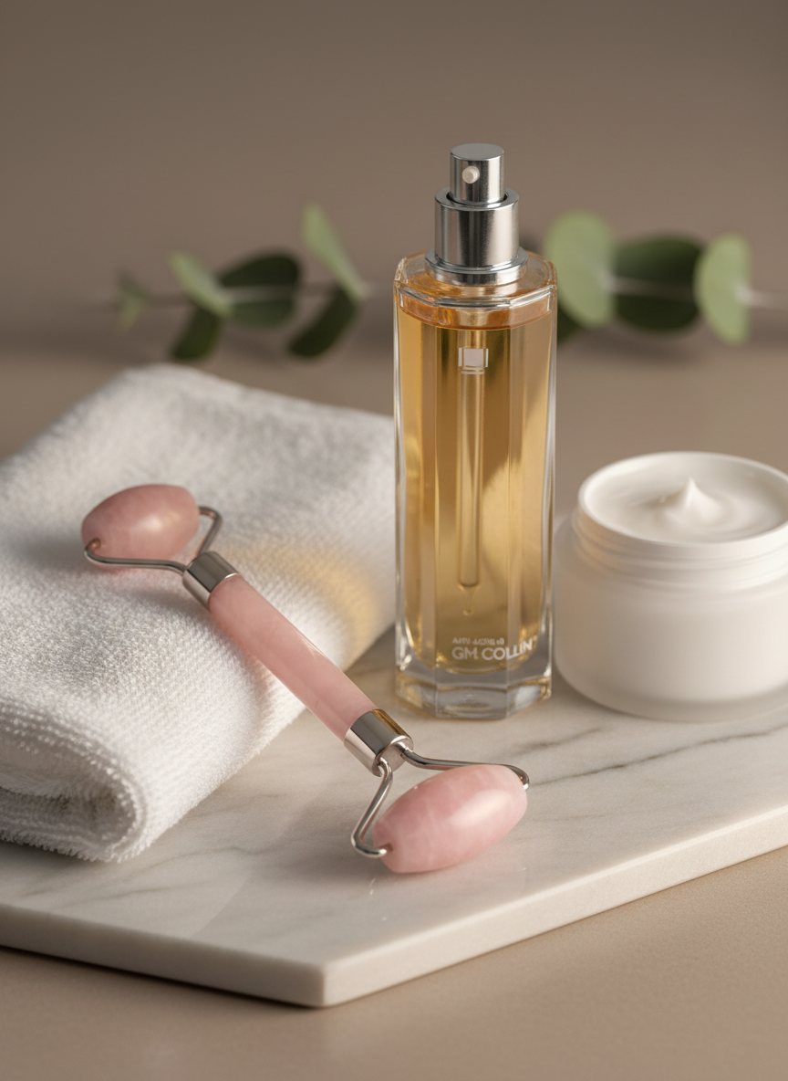 A refined anti-aging facial composition featuring a chilled rose quartz facial roller resting atop a folded white towel, beside a luxurious GM Collin anti-aging serum in a tall, faceted glass bottle and a rich cream in a low, matte jar. They sit on a pale marble slab with soft veining, placed on a neutral taupe surface. A single stem of greenery lies in the background, slightly out of focus. Gentle, warm studio lighting mimics late-afternoon sunlight, creating delicate highlights on the crystal roller and glass edges while maintaining a calm, polished feel. Photographic realism with a close-up, three-quarter angle and shallow depth of field, emphasizing refinement, rejuvenation, and subtle luxury.